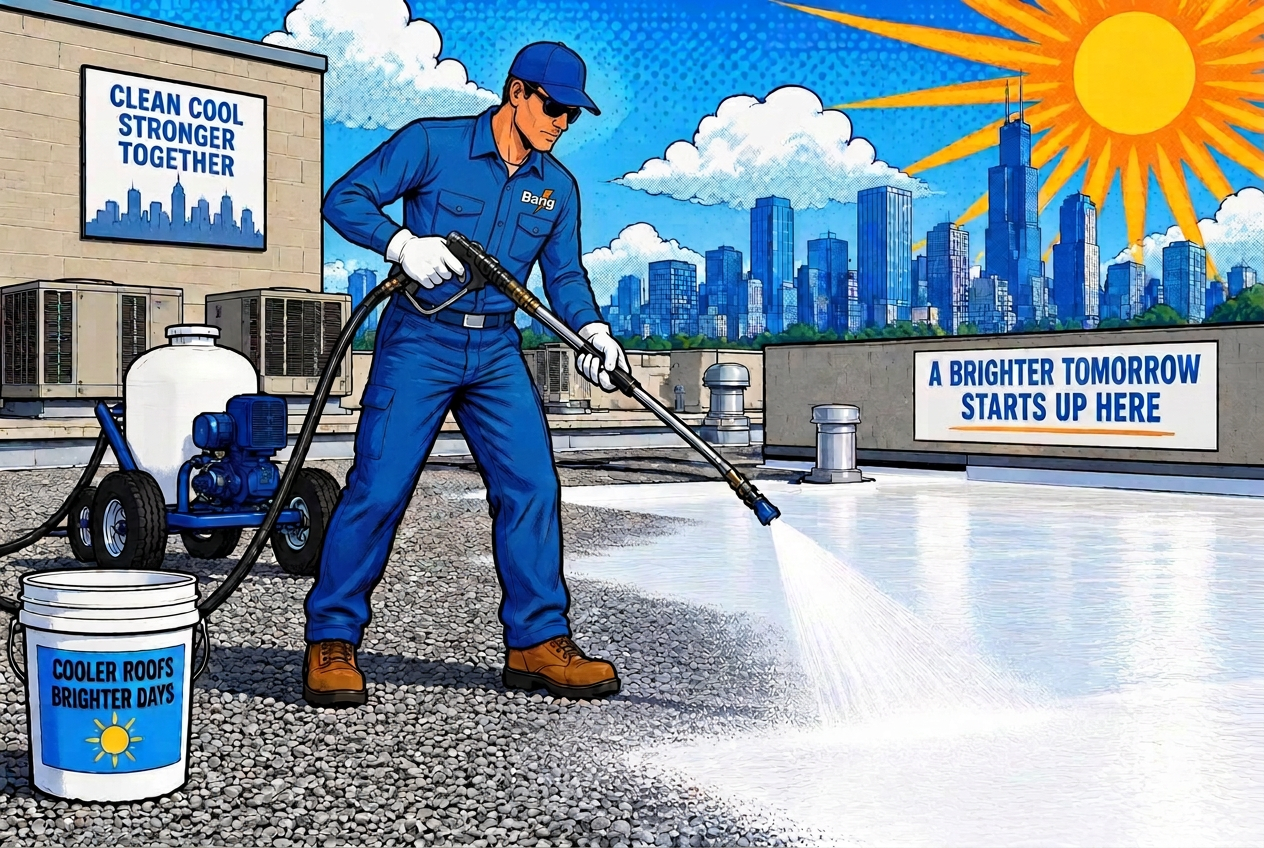 Crew spraying a protective white roof coating on a commercial rooftop